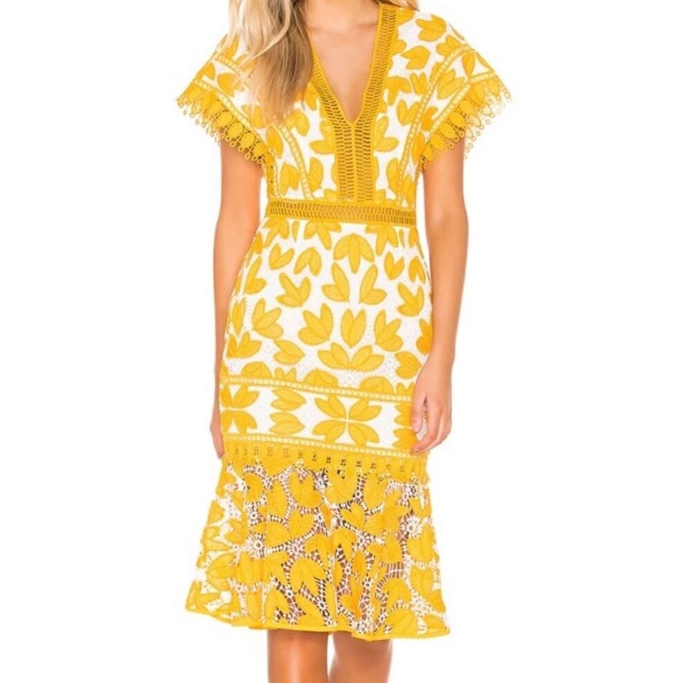 SAYLOR Kaiya Midi Dress Mustard and White Size XS